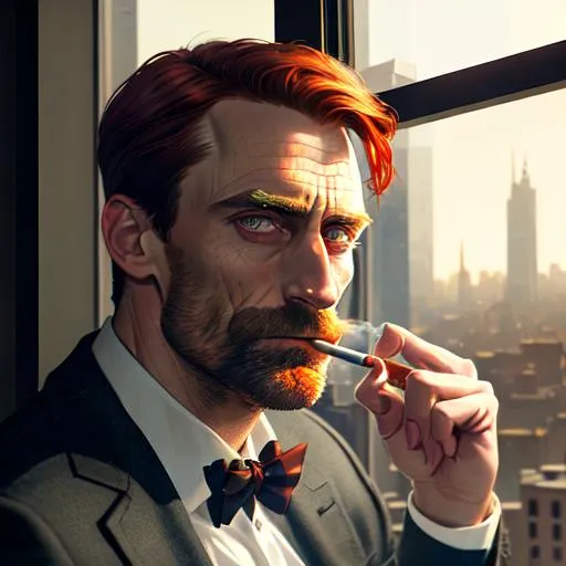 Prompt: Portrait of John Hamm with reddish hair and with stoic face, sits on a window side, holds a cigarette, city background, perfect composition, hyperrealistic, super detailed, 8k, high quality, trending art, trending on artstation, sharp focus, studio photo, intricate details, highly detailed, by greg rutkowski