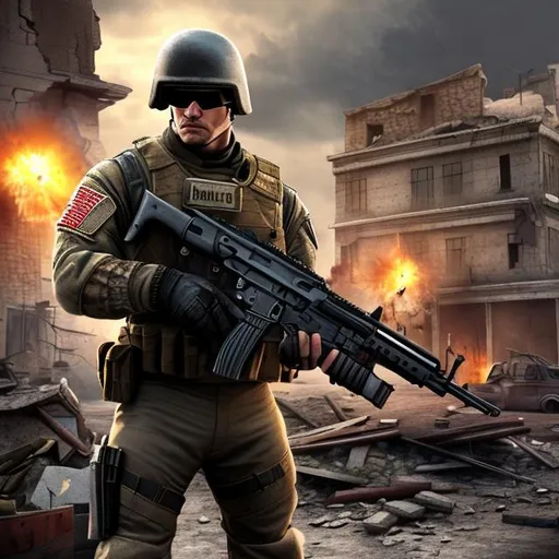 Prompt: realistic soldier holding a gun rifle, realistic graphics, in background add destroyed buildings, add destroyed city, add detail to face, 3d, HD, man, 4k, gritty, high resolution