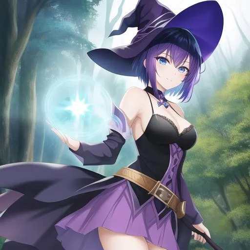 Prompt: Witch with short purple hair and dark blue eyes in a magical forest looking down at a kingdom in the background 