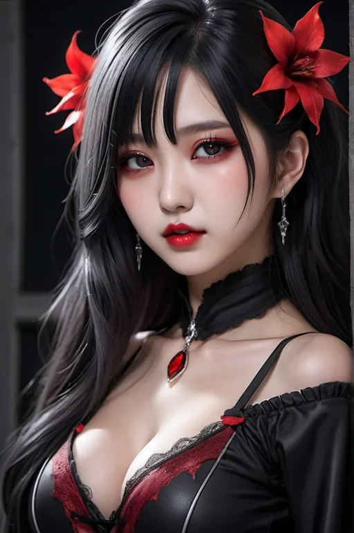 Prompt: Face close-up of a Vampire korean kpop girl idol with red glowing iris, red lips, dot on her cheek, shoulder-length dark black hair, i can't believe how beautiful this is cosplaygirl, in the style of light silver and dark black, cottagecore, feminine body, kawacy,  silver and black, cg anime style
