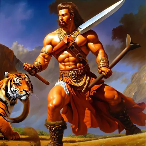 Prompt: Oil painting of a warrior with tattoos and giant axe, by Boris Vallejo, fighting a tiger