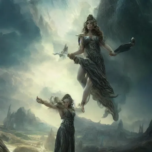 Prompt: atlantis goodess with swords, matte painting, detailed