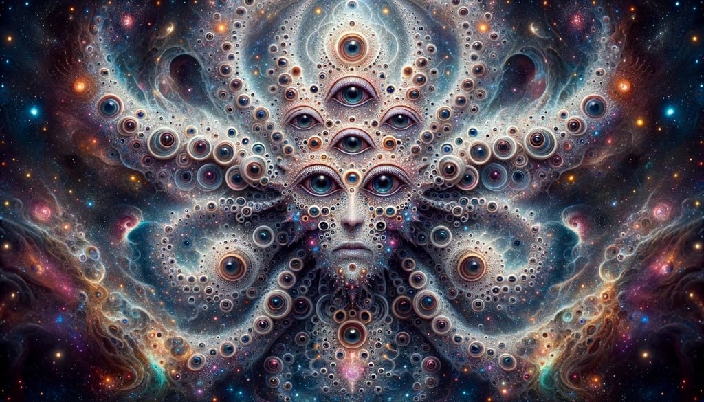 Prompt: An illustration of a multidimensional being in outer space, characterized by its many eyes and intricate fractal patterns, with a backdrop of swirling galaxies.