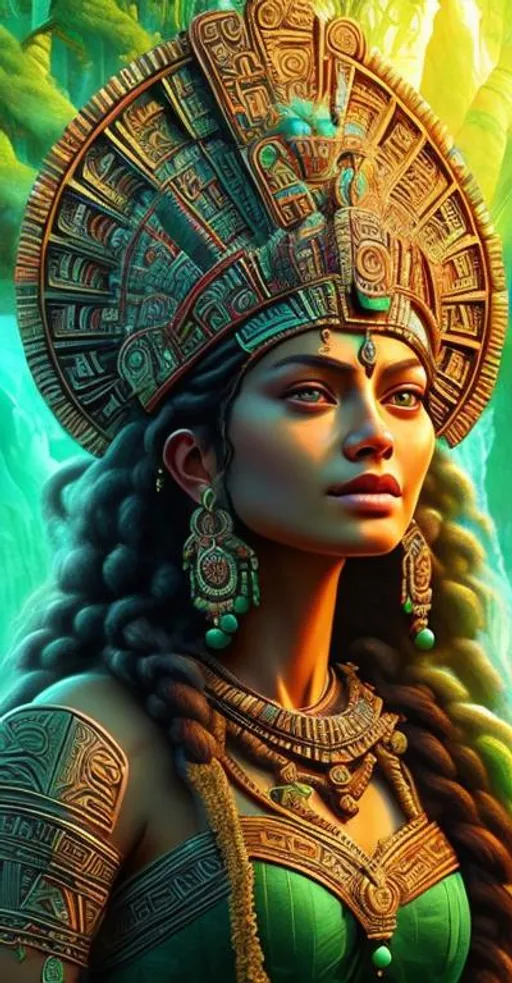Prompt: Highly detailed painting of a beautiful green eyed Aztec goddess by Michaelangelo 

dreamy natural colors, intricate details + diffused light + fantasy painting + ultra realistic + unreal engine