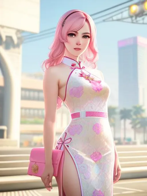 Prompt: Igumdrop in Grand Theft Auto 5, beautiful, sunny day, highly detailed, realistic, los santos, pink cotton fabric cheongsam texture, soft lighting, symmetry, fashion, ultrarealistic,full body, world masterpiece, perfect composition, intricate details, hyperrealistic, super detailed, Azulejo, HDR, 8k, high quality, unreal engine