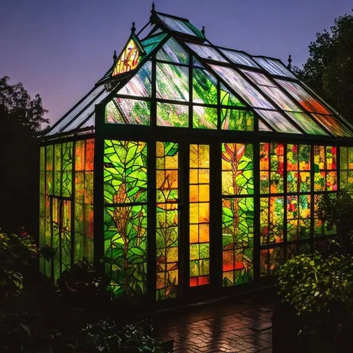 Prompt: a greenhouse with stained glass windows and bookshelves under a bright full moon