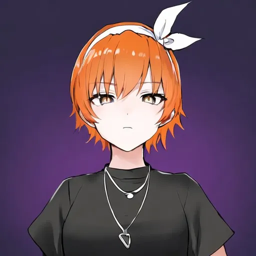 Prompt: Portrait of a cute girl with short, orange hair and grey eyes in a black shirt with a white headband and a necklace 