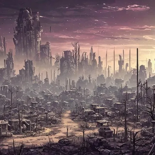 Prompt: Post apocalyptic town surrounded by dead trees and a bright futuristic city in the background 
