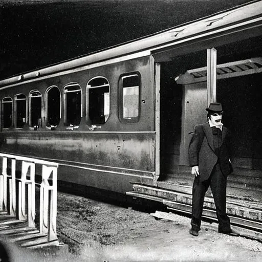 Prompt: man with suit and mustache getting off train in 1910 
small rural wooden train station at midnight

