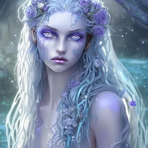 Prompt: A female water genasi druid with long silky lavender hair, glistening pale blue skin and piercing blue eyes. She's magical and wildly seducing yet elegant and kind. 