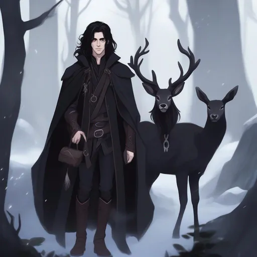 Prompt: dnd a cute male half-elf warlock with long messy black hair wearing a long black coat with black deer in the dark forest cute