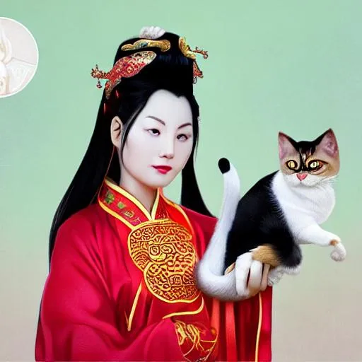 Prompt: Rendering of Chinese Goddess Li Shou, with cat. 3D Photorealism. Hyper realistic. Centered shot.