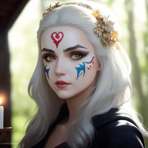 Prompt: ((Masterpiece, best quality))
{Alex Chow | Greg Rutkowski | ArtStation}.
Face painting of a beautiful white woman in her 20s with half her face paint. (fluffy hair). (Soul: 1.6) (Characteristics: 1.6). (wood cabin background | candles)
Detailed face. Detailed eyes. Highly detailed. 
(UHD:1.2), HDR, 8K, Unreal Engine 5. Highly accurate lighting, and extraordinary reflection. 
