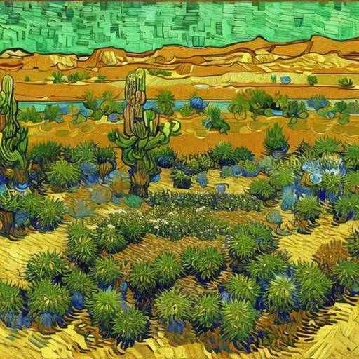 Prompt: Oasis on a desert in Van Gogh style