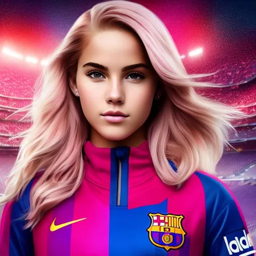 Prompt: Full body Portrait of {teenager} with {pink} hair and with cute face, {At the Spanish FC Barcelona stadium}, full body, perfect composition, hyperrealistic, super detailed, 8k, high quality, trending art, trending on artstation, sharp focus , Realistic background photo, intricate details, highly detailed.