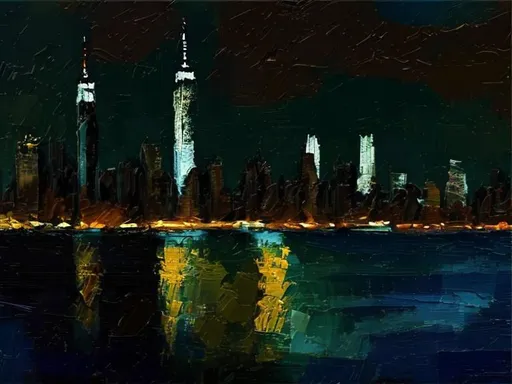 Prompt: Thick oil impasto York Skyline from 42nd Street Pier, thick oil impasto