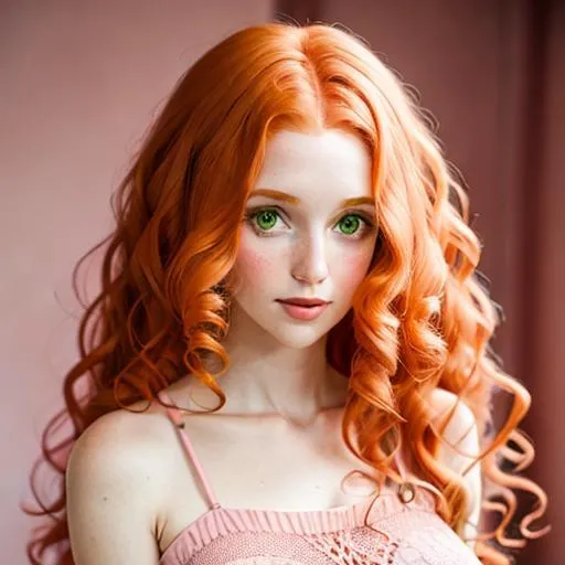 Prompt: Woman with  long, very curly ginger hair, green eyes, wearing a pink head dressing

