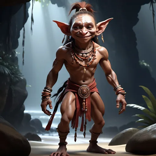 Prompt: Full body, Alux, male mayan goblin like creature, copper skin, tiny and slim body, wearing beautiful loincloth and delicate jewellery, very long ponytail, exremly long pointy nose, cunning eyes and grin, mystical atmosphere, RPG-fantasy, intense, detailed, game-rpg style, dim lighting, fantasy, detailed character design, 
atmospheric, otherwordly ambiance, djungle background