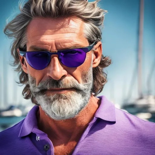 Prompt: photo of a confident, healthy, German, 45 year old, haired, grey bearded sailor looking magical and handsome wearing a purple polo shirt and modern sun glasses
while pulling the anchor on a raceboat.



