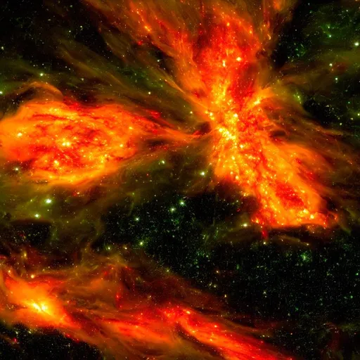 Prompt: Ultrarealistic rendering of a cosmic demon engulfed in subtle reddish hellfire | quasar | galaxy |  tearing space and time apart | chaos | death | suffering | malevolence | grim | thin subtle green lightning rising from an abyss | despair | UHD, 4K, 8K, 64K, highly detailed.