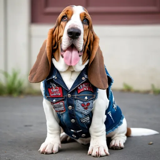 Prompt: Basset Hound wearing a heavy metal music denim vest with patches