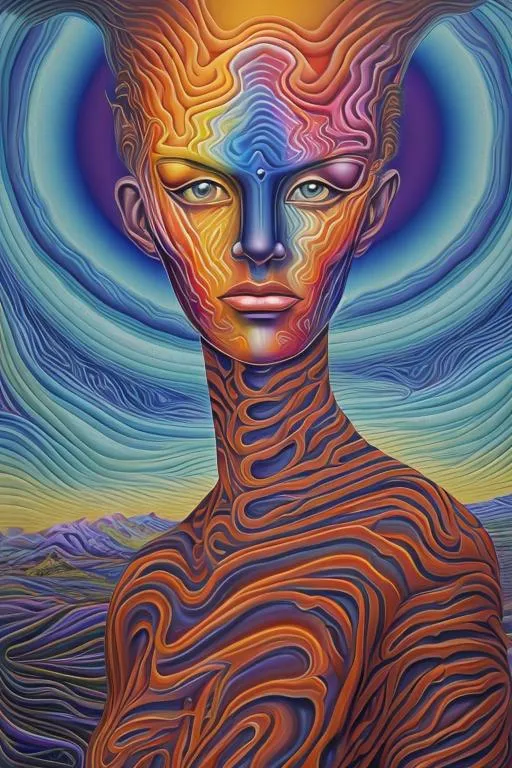 Prompt: Surreal portrait of beautiful female, cosmic landscape background, acrylic on canvas in style of alex grey