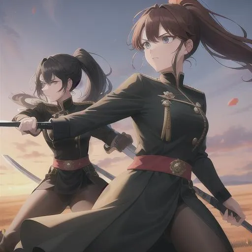 Prompt: an female royal guard duel wielding swords wearing black attire with brown hair pulled up in a ponytail and her sister