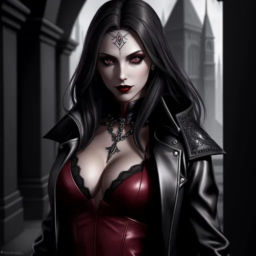 Prompt: anthropomorphized "Vampire the Masquerade", wearing an outfit inspired by "Vampire the Masquerade", she is making eye contact, full body, detailed symmetrical face, detailed real skin textures, highly detailed, digital painting , HD quality, 