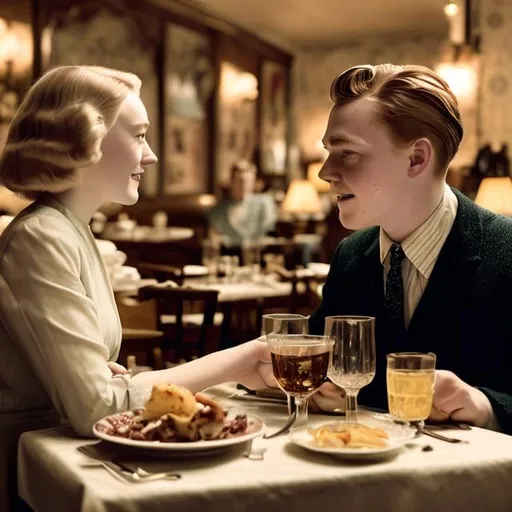 Prompt: Saoirse Ronan and Jack Lowden a 1950s era couple eating at restaurant while being served by Elle Fanning