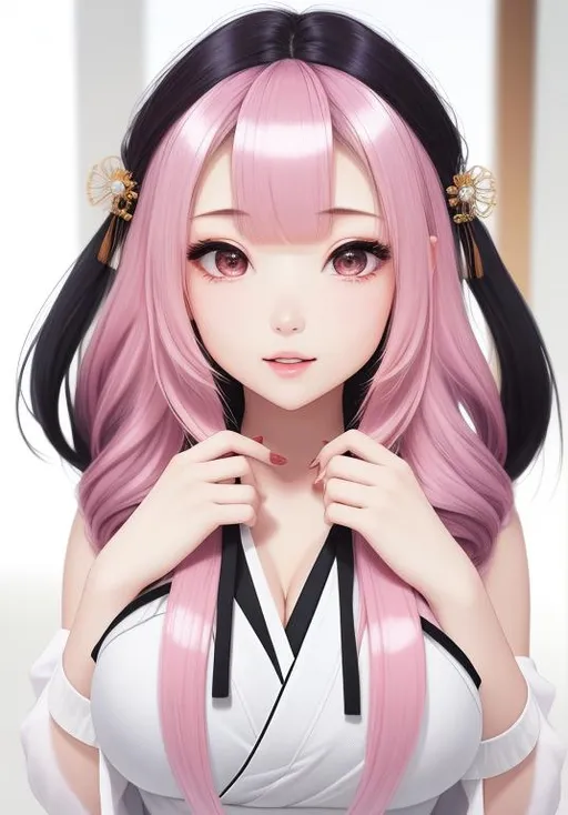 Prompt: ombre hair, japanese, long hair, bangs  covering one eye, solo, pale skin, busty, mole under eye, mole on {{breast}}, fullbody, XXXXXX hair accessory, ((full body)) {{good looking}} {{cute}} {{good body}} {{tight}}, symmetrically colored hair, {{shadows}},
