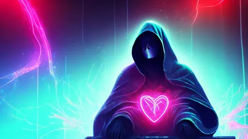 Prompt: Quality, detailed, 8k, masterpiece, beautiful hooded figure, sitting on a throne, neon heart background, particle effects