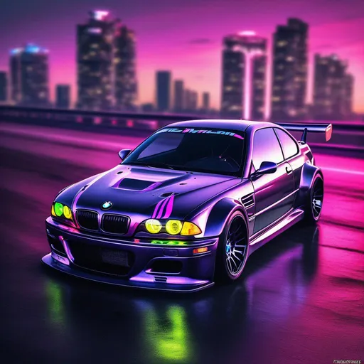 Prompt: 2001 BMW M3 E46 GTR, synthwave, aesthetic cyberpunk, miami, highway, dusk, neon lights, coastal highway, dusk, neon lights, coastal highway, sunset, drift, nurburgring, water on the road, blade runner, 64k, watercolor, macro sharp focus, 8, hyper realistic, cinematic, highly detailed, photoraelistic, clean