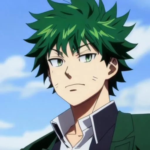 Prompt: Izohn Doe combines the distinctive features of both John Doe from UnOrdinary and Izuku Midoriya from My Hero Academia, resulting in a unique and compelling character design.

Izohn Doe has messy green hair, reminiscent of Izuku's signature style, but with a streak of white running through it, symbolizing the mystery and hidden potential within him. He wears a modified version of John Doe's black hoodie, which is adorned with green accents and a stylized emblem on the chest that combines elements of both characters' symbols. The hoodie represents Izohn's humble beginnings and his determination to overcome his limitations.

Izohn Doe's costume features a combination of John Doe's sleek black mask and Izuku's green full-face mask, providing both anonymity and protection. He wears a black bodysuit with green accents and padding, reflecting Izuku's costume design and John Doe's combat readiness. His gloves and boots are equipped with green energy emitters, allowing him to unleash powerful attacks.