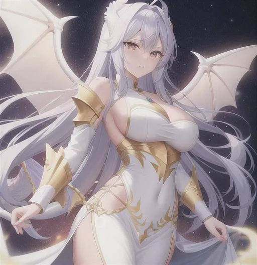 Prompt: White dragon knight, wings, large dragon tail, gold armor, woman, long dress