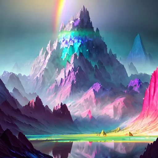 Prompt: Surreal landscape of a mountain range made of giant crystals, reflecting rainbow hues, crystaline, shimmering, otherworldly, fantasy, digital painting, art by Craig Mullins and Radoslav Zilinsky and Jonas De Ro.