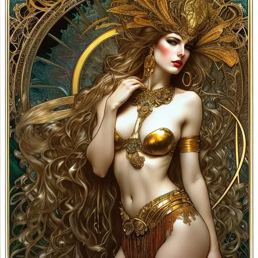 Prompt: Amazonian queen, scared, golden hair, exotic, beautiful, Alphonse Mucha, Luis Royo, Ayami Kojima, Joyce ballantyne 