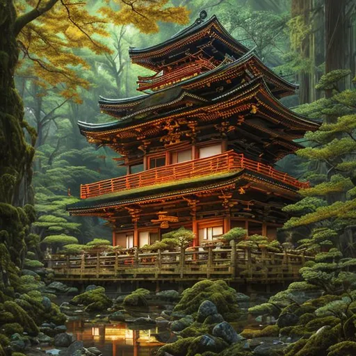 Prompt: Potrait of a Japanies temple in a forest near a river, a stunning realistic photograph 25 years , hyperdetailed painting, luminism, Bar lighting,  complex, 4k resolution concept art portrait by Martina Fačková and Prywinko Art, Artgerm, WLOP, Alphonse Mucha, little fusion pojatti realistic steampunk, fractal isometrics details bioluminescens :  hypereallistic cover photo awesome full color, hand drawn, dark, gritty, realistic mucha, klimt, erte .12k, intricate. hit definition , cinematic,Rough sketch, mix of bold dark lines and loose lines, bold lines, on paper 