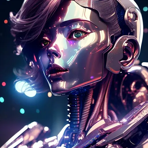 Prompt: a beautiful shiny metal robot woman, feminine look, slim fit figure, retro like, octane rendered 4k, hyperrealism, highly detailed, futuristic look, cinema 4k, lots of details, blue and glitter background with stars, epic look, hajime sorayama look