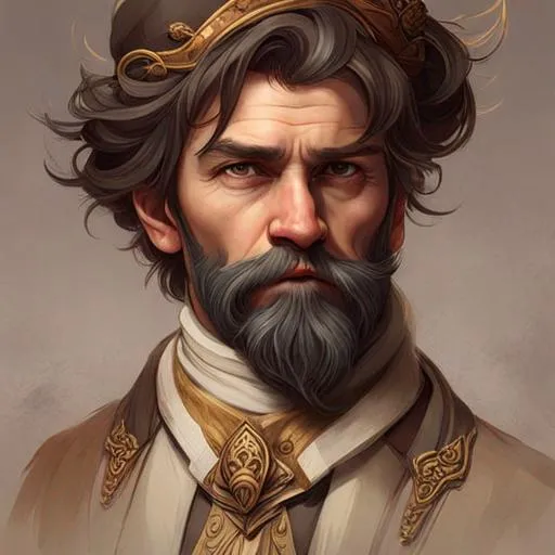 Prompt: Three-quarters portrait of wealthy dwarven market-place stall holder, brown hair and beard, big nose, mechanic, highly detailed, digital painting, art by Stanley Lau and Artgerm and magali villeneuve and Alphonse Mucha, artstation, octane render, cgsociety
