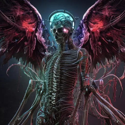 Prompt: psychedelic fallen angel, wires, biomechanic, blood, wings