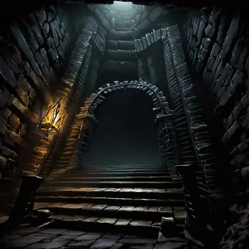Prompt: Epic entrance to dungeon. Stairs going down into darkness.