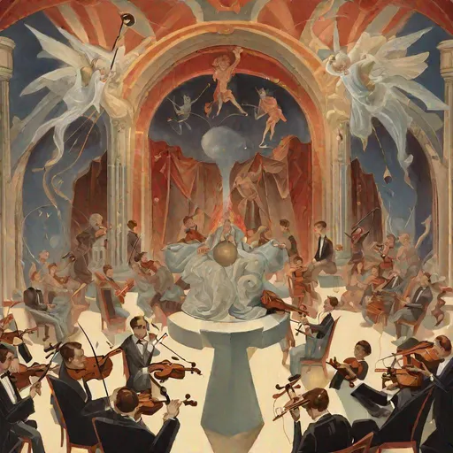 Prompt: painting of "God conducting the orchestra playing a private symphony to the Devil on a throne" in art deco style "Every complaint the worlds tiniest violin" "angels on trumpets"