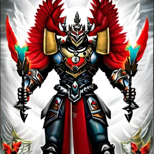 Prompt: A charateristic Garuda Pancasila, a fully stocky cyber body, with open wings and in the right hand holding a sharpened bamboo containing a red and white flag, in the left hand holding a shield with a red and white motif, illustrasion digital painting, cyberpunked original hdr 3D maschot of garuda indonesia