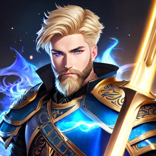 Prompt: "Full body, oil painting, fantasy, portrait of a young elemental human man with short dirty blonde hair and trimmed dirty blonde beard and glowing blue eyes | Warrior wearing east asian armor wielding a large poleaxe with both hands , #3238, UHD, hd , 8k eyes, detailed face, big anime dreamy eyes, 8k eyes, intricate details, insanely detailed, masterpiece, cinematic lighting, 8k, complementary colors, golden ratio, octane render, volumetric lighting, unreal 5, artwork, concept art, cover, top model, light on hair colorful glamourous hyperdetailed medieval city background, intricate hyperdetailed breathtaking colorful glamorous scenic view landscape, ultra-fine details, hyper-focused, deep colors, dramatic lighting, ambient lighting god rays, flowers, garden | by sakimi chan, artgerm, wlop, pixiv, tumblr, instagram, deviantart