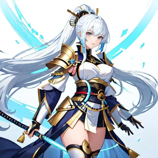 Prompt: Beautiful female white and blue hair samurai with gold and black armor