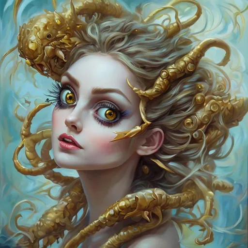 Prompt: oil painting, enormous huge eyes, beautiful evil fey queen, blonde hair, BLONDE hair, GOLDEN HAIR, Yellow hair, pointy ears