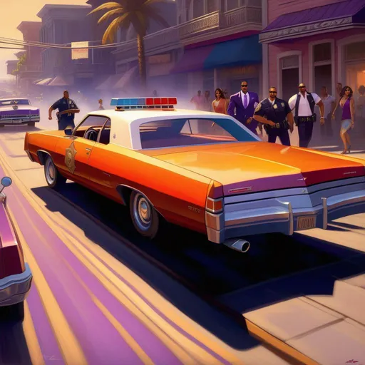 Prompt: Saints Row 2, car chase, cops, cartoony, sunny atmosphere, extremely detailed painting by Greg Rutkowski and by Henry Justice Ford and by Steve Henderson