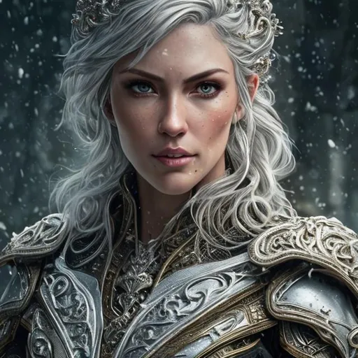 Prompt: perfect composition, hyperrealistic, super detailed, 8k, high quality, sharp focus, studio photo, intricate details, highly detailed, by greg rutkowski, full body armor hyper detailed full body of the most beautiful, beautiful female d&d character portrait, dark fantasy white hair yellow gold eyes, detailed, realistic face, digital portrait, intricate silver armor, fiverr dnd character, wlop, stanley artgerm lau, alice schwarzer, artstation, hd, octane render, hyperrealism intricate details, 8k, cinematic volumetric light, proportional, art trending on artstation, sharp focus, studio photo, intricate details, highly detailed, intricate artwork masterpiece, ominous, intricate, epic, trending on artstation, highly detailed, vibrant, production cinematic character render, ultra high quality model, 