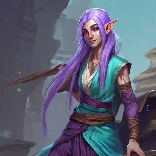 Prompt: Female half elf monk with long purple to cyan hair