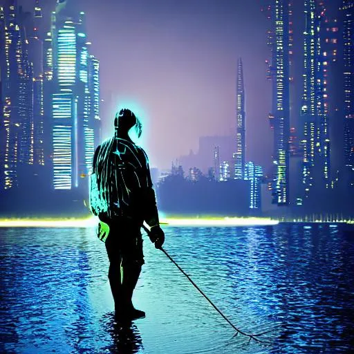 Prompt: A fisherman. Cyberpunk lake background.